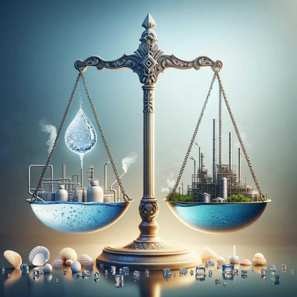 Eine Waage, die einerseits eine Wasserreinigungsanlage und andererseits Industrieanlagen balanciert, symbolisiert die Qualität des deutschen Trinkwassers.