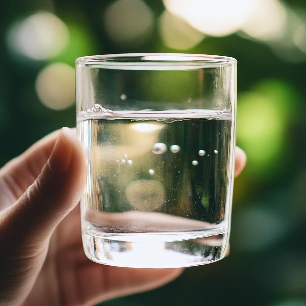 Nahaufnahme eines kristallklaren Glases Wasser, das von einer Hand gehalten wird, mit einem unscharfen, grünen Hintergrund.