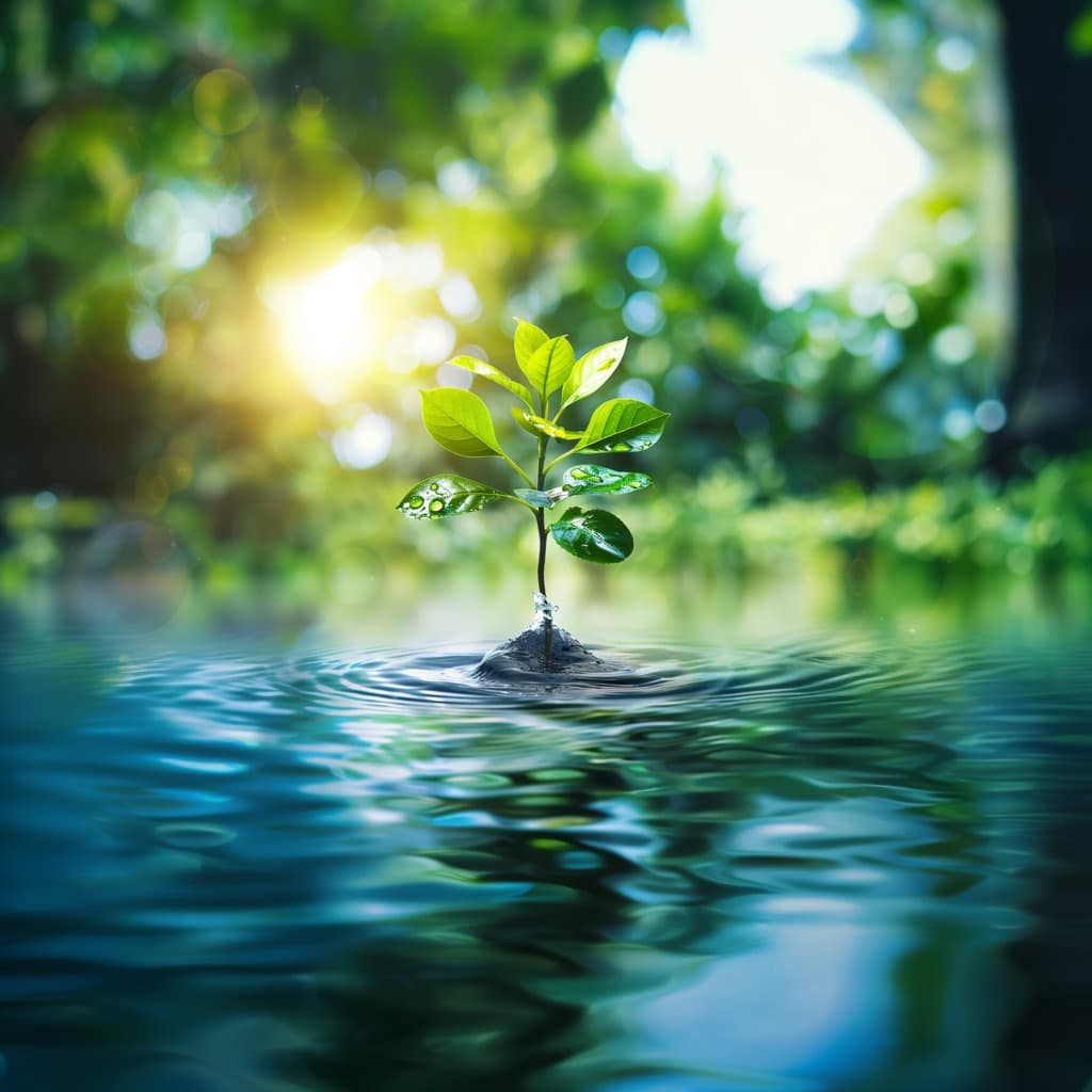 Ein kleiner grüner Setzling wächst aus einem ruhigen Gewässer, umgeben von üppiger Natur und sanftem Sonnenlicht.