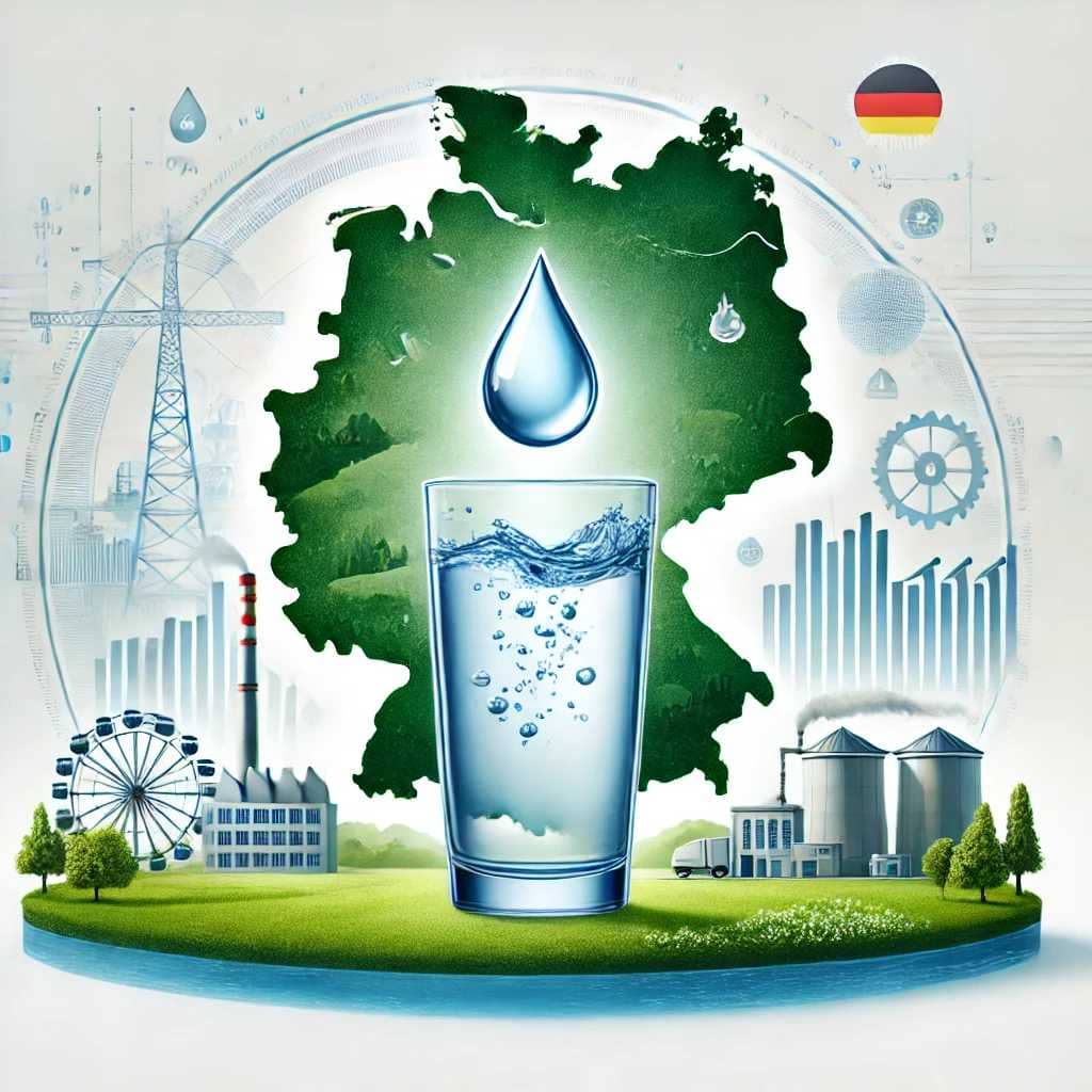 Illustration zur Trinkwasserqualität in Deutschland mit einem klaren Wassertropfen, der in ein Glas fällt, vor dem Hintergrund einer Deutschlandkarte mit industriellen und natürlichen Elementen.