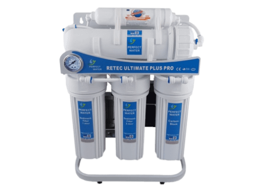Freistehendes Umkehrosmose-Wasserfiltersystem "RETEC Ultimate Plus Pro" mit Manometer und mehreren Filtrationsstufen.