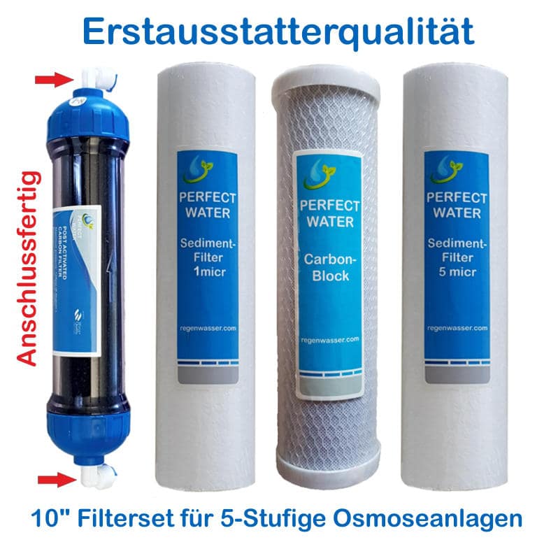 0-Zoll-Filtersatz für 5-stufige Osmoseanlagen, bestehend aus Sedimentfiltern und einem Carbon-Block, in Erstausstatterqualität.