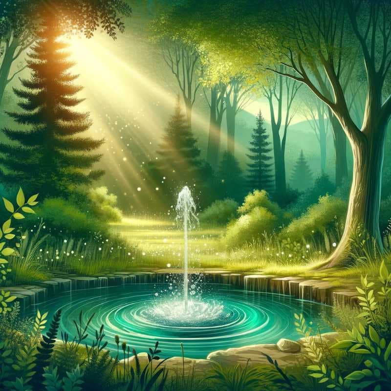 Sprudelnder Artesischer Brunnen im Herzen eines grünen Waldes mit Sonnenstrahlen, die durch die Bäume fallen.