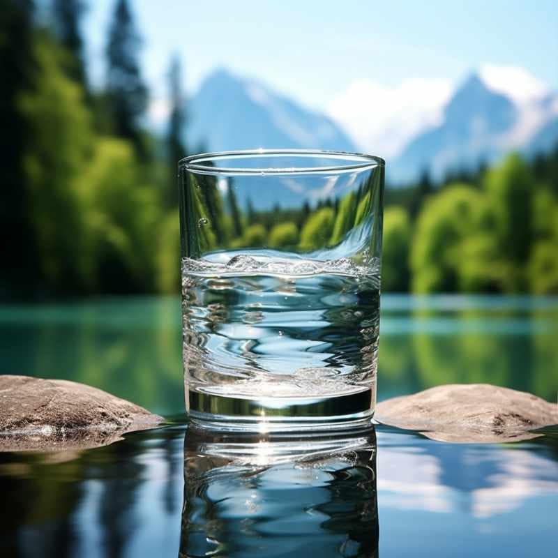 Ein Glas mit klarem Wasser, das auf einem Felsen in einer natürlichen Umgebung steht, mit einem See und bewaldeten Bergen im Hintergrund