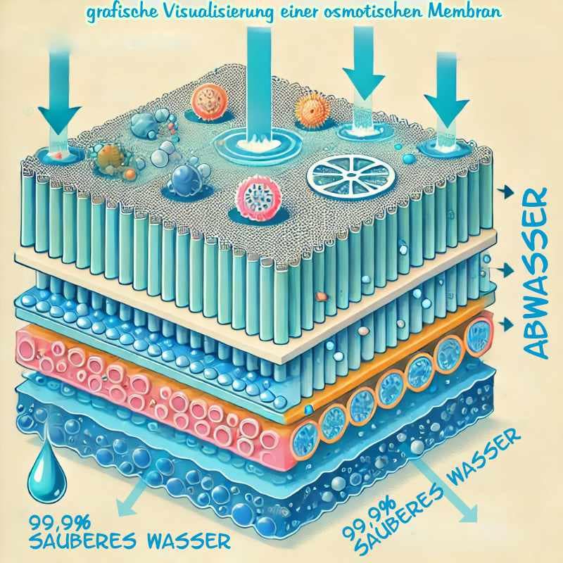 Grafische Visualisierung einer osmosebasierten Membran, die zeigt, wie Wasser durch verschiedene Schichten gefiltert wird, um 99,9% reines Wasser zu erzeugen. Verunreinigungen wie Bakterien und Chemikalien werden herausgefiltert und als Abwasser entfernt.