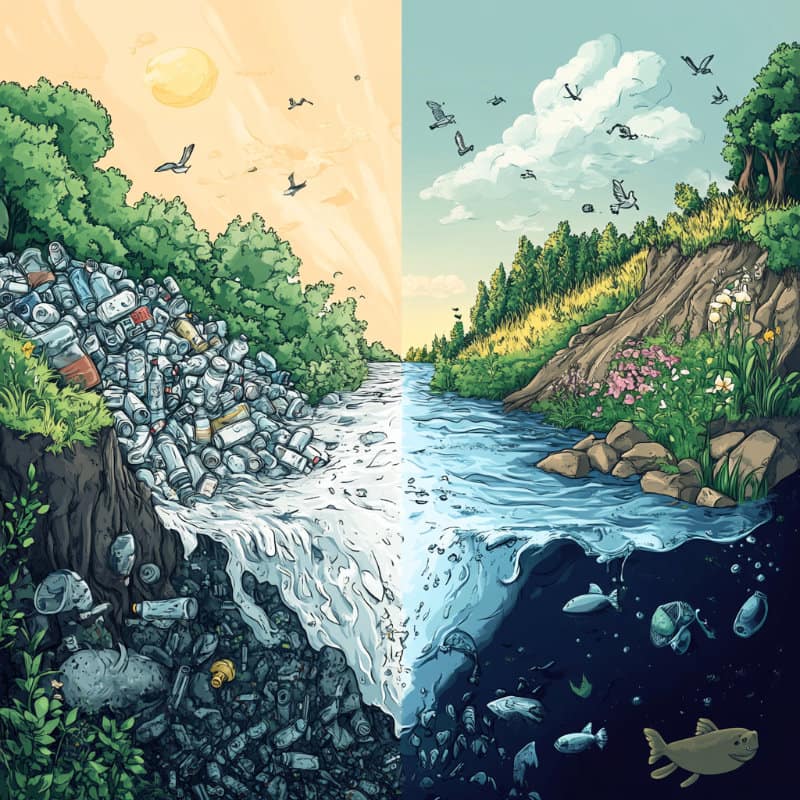 Vergleich eines verschmutzten Flusses mit Plastikmüll auf der linken Seite und einer sauberen, naturbelassenen Flusslandschaft auf der rechten Seite. Die Verschmutzung beeinflusst die Umwelt und die Wasserqualität, während die rechte Seite klares Wasser und gesunde Natur zeigt.