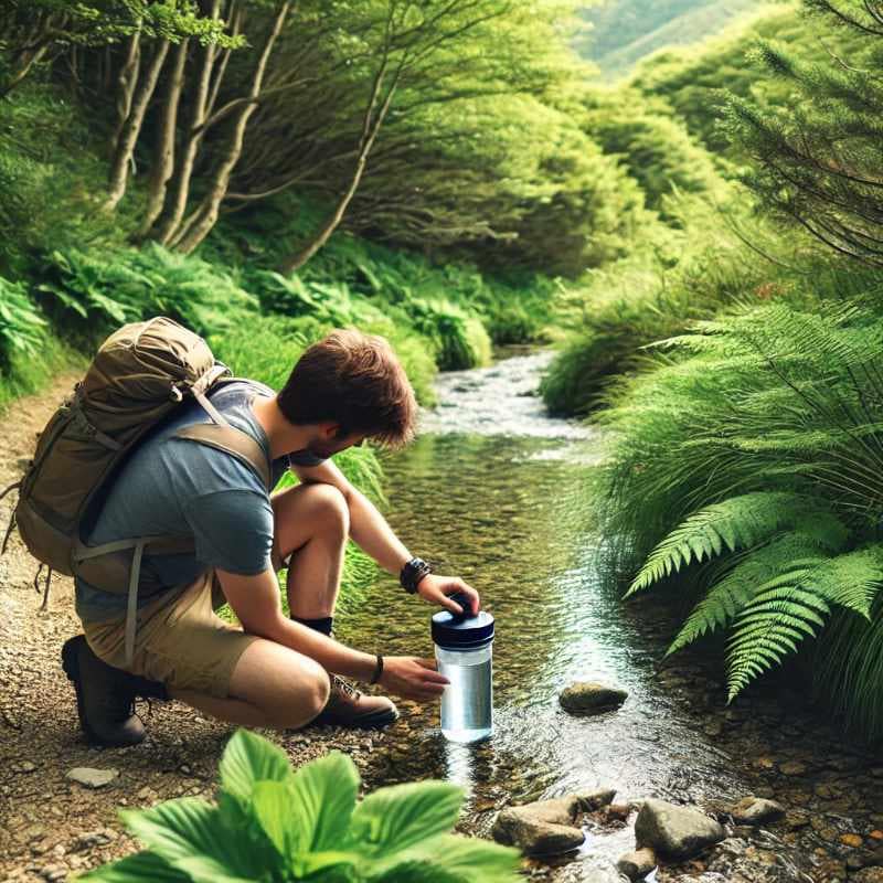 Ein Wanderer an einem klaren Bach, der mit einem Outdoor Wasserfilter Wasser sammelt. Umgeben von grüner Natur, symbolisiert das Bild Freiheit und Abenteuer.