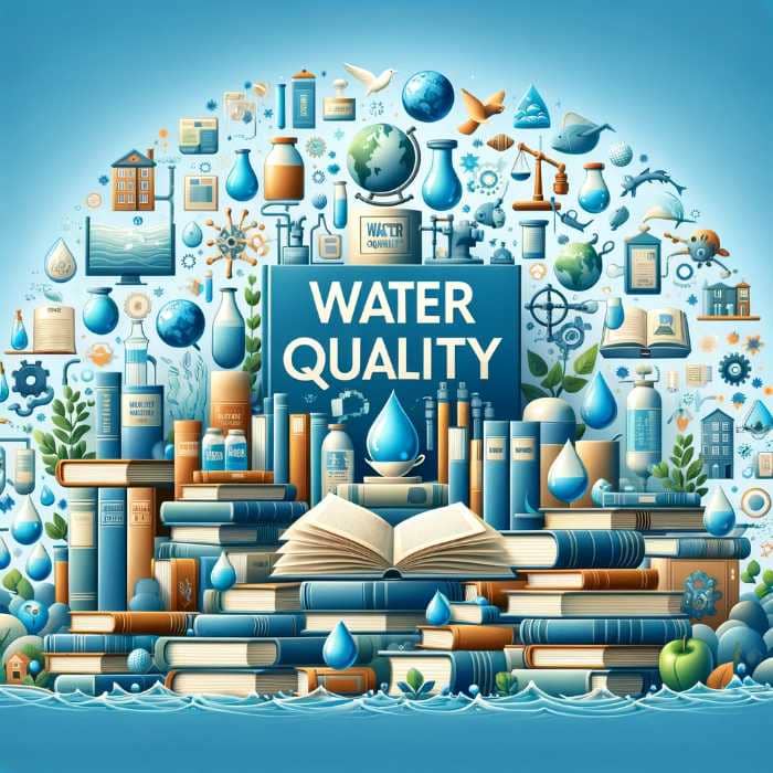 Illustrative Darstellung von Büchern und Objekten zum Thema Wasserqualität, einschließlich Wassertropfen, Flaschen und wissenschaftlicher Instrumente.