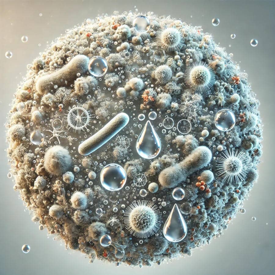 Mikroskopische Ansicht von Wasser mit verschiedenen Verunreinigungen wie Bakterien und Mikroorganismen, die die versteckten Gefahren von unbehandeltem Wasser verdeutlichen.