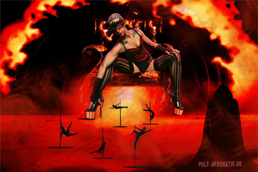 Horror in der Luft-Poledance als stylisches Highlight 2 Poledance-Halloween-Performance mit feurigem Hintergrund und einer dominanten Tänzerin auf einem Thron.