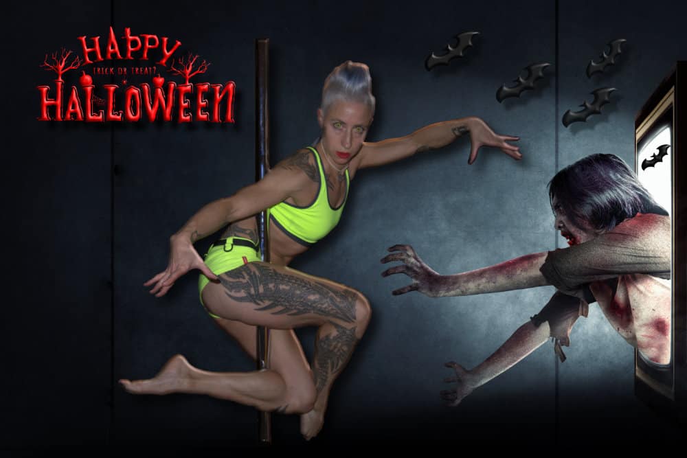 Horror in der Luft-Poledance als stylisches Highlight 1 Halloween Poledance als stylisches Highlight mit Éowyn Eichhorn, die akrobatisch von einem Zombie flieht.