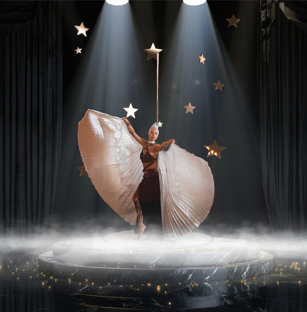 Silvester Gala mit Stil 2 Poledance-Performance auf einer beleuchteten Bühne, Éowyn Eichhorn alias Pole-Akrobatik in einem spektakulären Kostüm mit Flügeln, umgeben von Sternen.