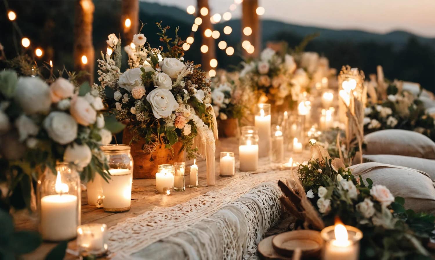 Poledance: Die faszinierende Hochzeitsattraktion! 1 Romantische Hochzeitsdekoration mit Kerzen und Blumenarrangements im Abendlicht