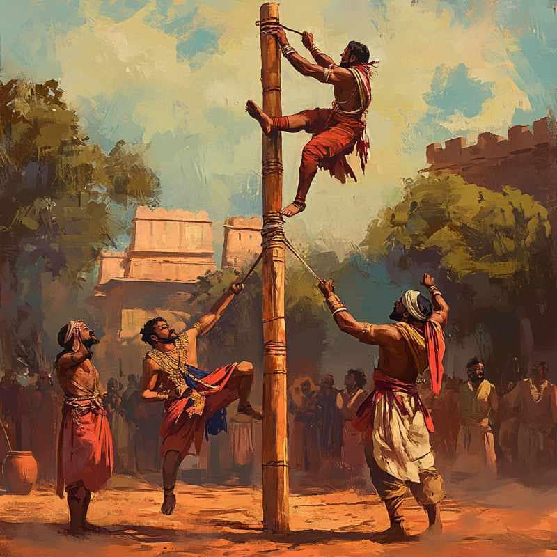 Pole Dance Show: Faszinierende Kunst und atemberaubende Akrobatik 2 Traditionelle Mallakhamb-Athleten, die an einer Holzstange trainieren, umgeben von einer historischen Kulisse mit Zuschauern und alter Architektur.