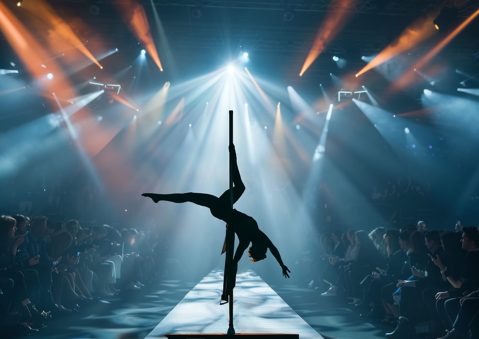 Visuelles Marketing mit Poledance – So wird Ihr Event 2025 zum ultimativem Hingucker 3 Poledancerin Éowyn Eichhorn alias Pole-Akrobatik auf der Bühne bei einer stilvollen Aufführung im Scheinwerferlicht.